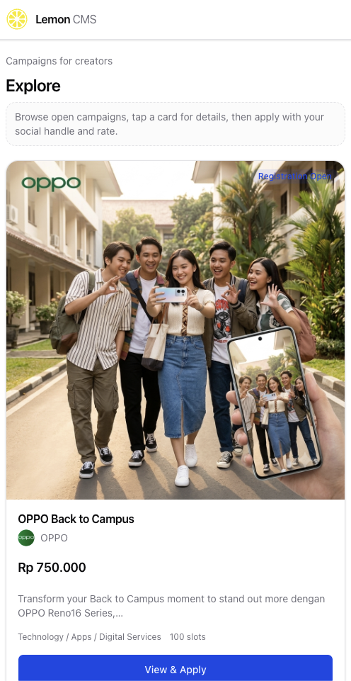 Halaman Explore dengan daftar campaign